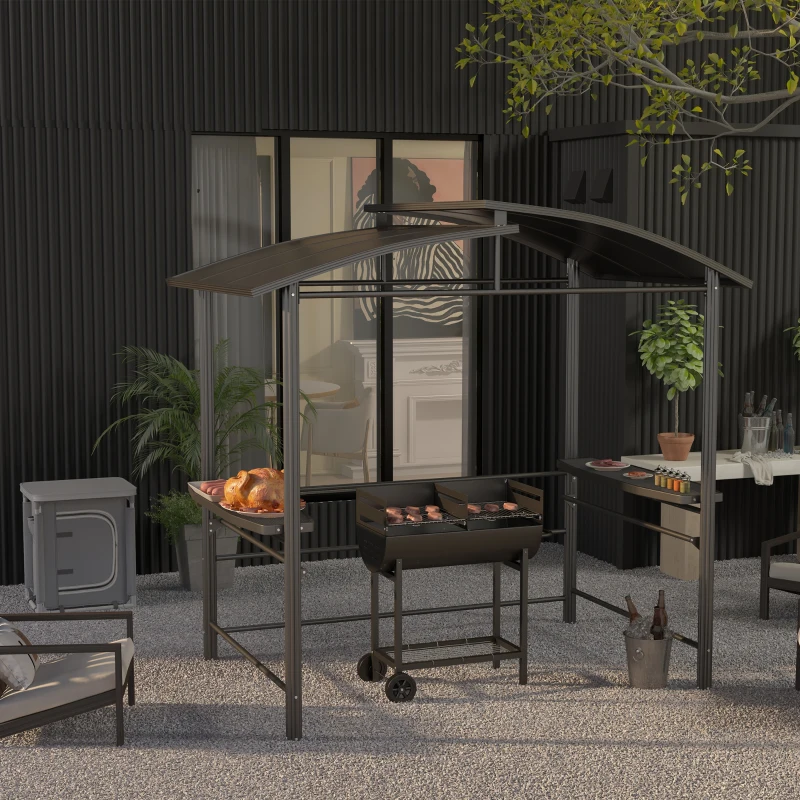 Outsunny Grillpavillon mit Flammschutzdach, BBQ-Pavillon mit 2 Ablagen Stahl PC Dunkelgrau, 240 x 150 x 230 cm