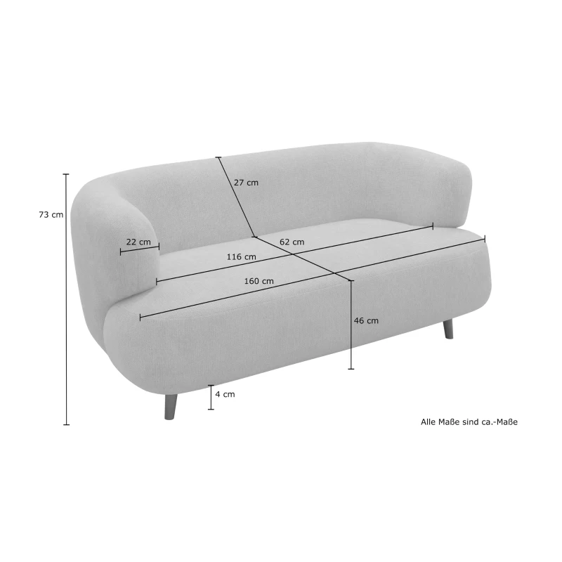 Sofa 800014, 2-Sitzer, runde Ecken, Holzfüße Eiche, 2er Couch, 86 x 73 x 160 cm (BxTxH), weiß
