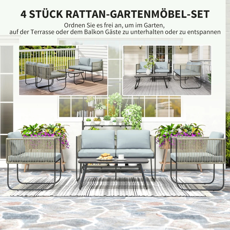 Komplet wypoczynkowy z Polyrattanu Outsunny: sofa + fotele + stolik z poduszkami, odporny na warunki atmosferyczne, 116 x 60 x 69 cm, Brązowy+Ciemnoszary