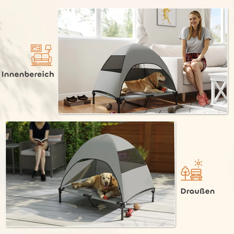 PawHut Buiten Hondenligbed met Dak, Verhoogd Hondenbed voor Grote Honden, 91 x 76 x 90 cm, Lichtgrijs