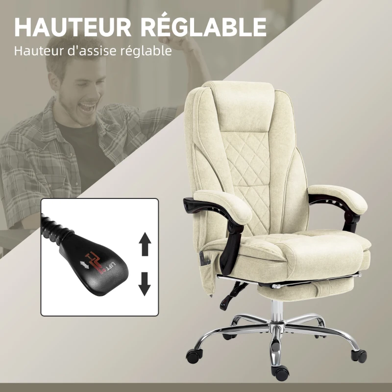 Vinsetto Fauteuil de bureau massant et chauffant hauteur réglable dossier inclinable télécommande repose-pieds rétractable beige