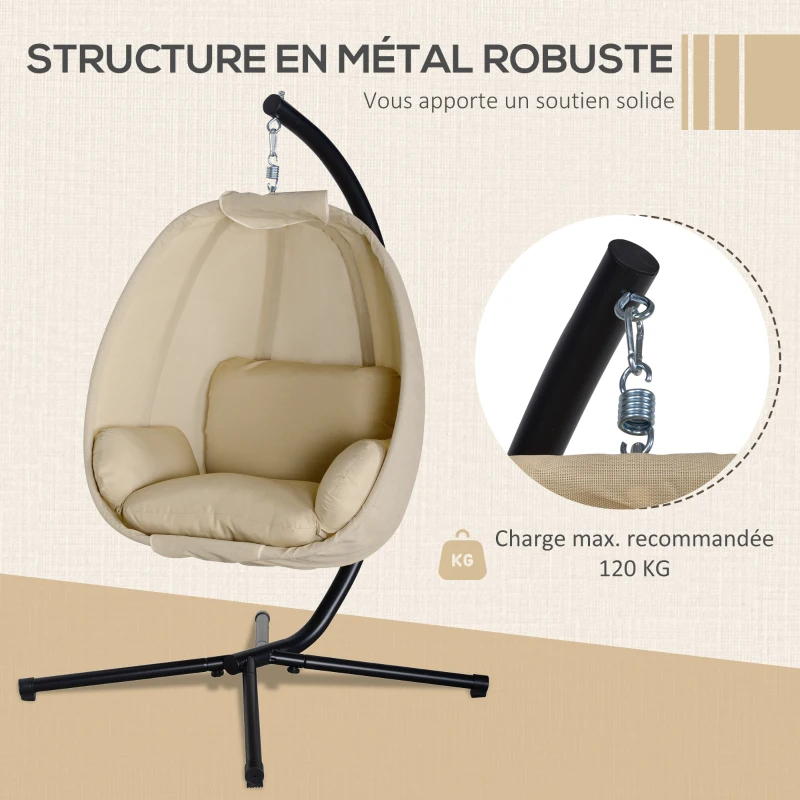 Outsunny Fauteuil œuf suspendu balancelle pliante avec coussin et support usage intérieur extérieur métal tissu textilène dim. 125L x 95l x 170H cm kaki
