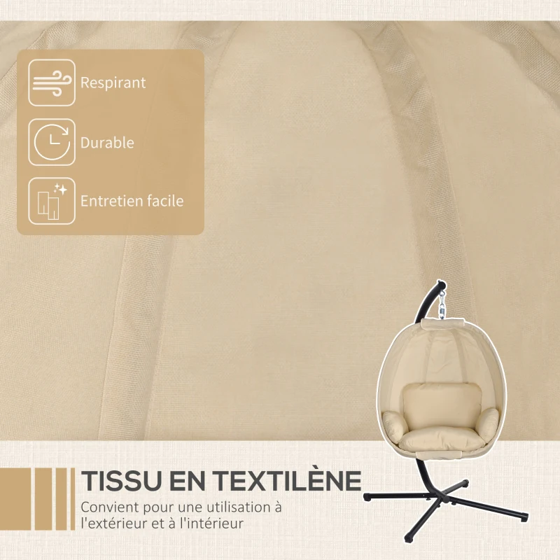 Outsunny Fauteuil œuf suspendu balancelle pliante avec coussin et support usage intérieur extérieur métal tissu textilène dim. 125L x 95l x 170H cm kaki