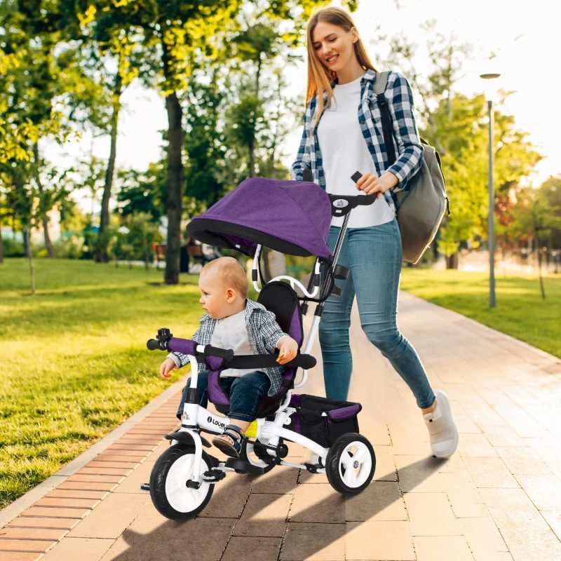 HOMCOM Triciclo Evolutivo para Niños +12 Meses con Toldo Plegable Mango de Empuje Telescópico y Cinturón de Seguridad Violeta