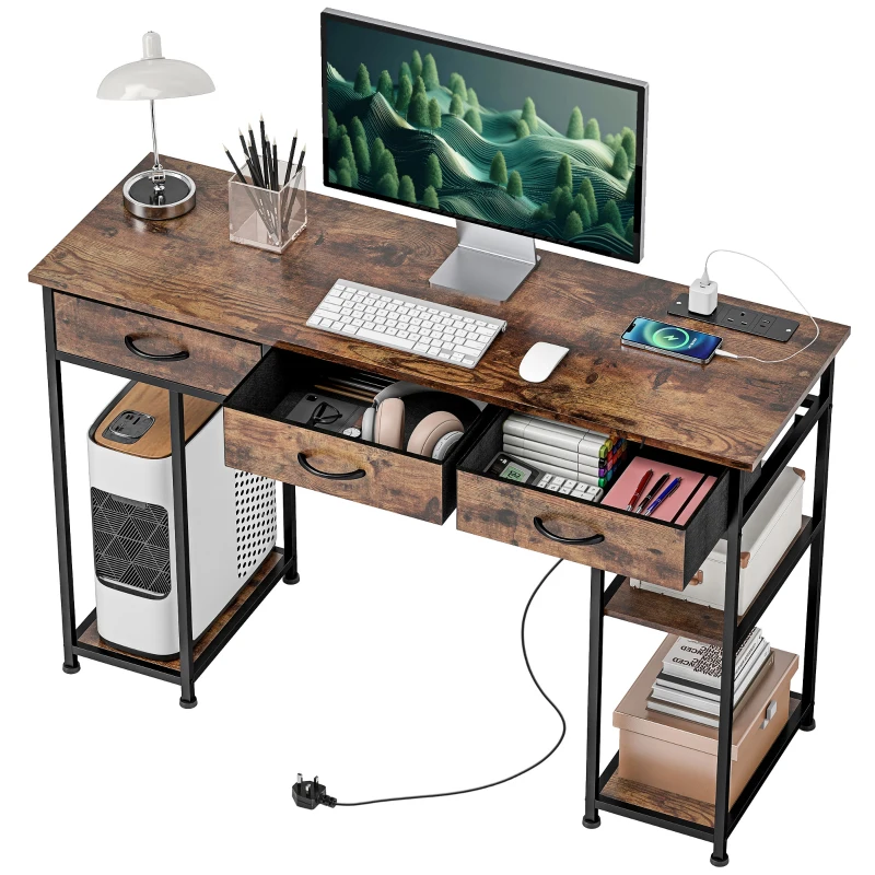 HOMCOM 120cm Computer Desk with Power Outlets, Office Desk Study Table with Fabric Drawers and Storage Shelves, Rustic Brown