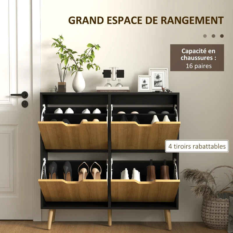 HOMCOM Meuble à chaussures 4 abattants 16 paires avec étagère réglable pieds en bois de pin 95 x 26 x 95 cm naturel