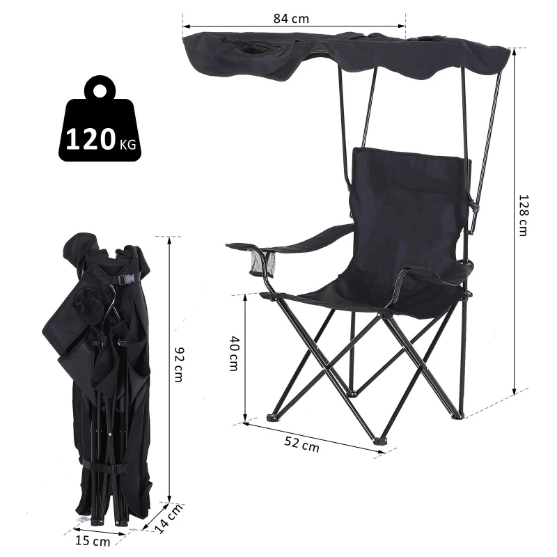 HOMCOM Chaise de Camping Pliable Grand Confort Pare-Soleil + Porte-gobelets intégrés, possibilité d'être portée en Sac à Dos Noir