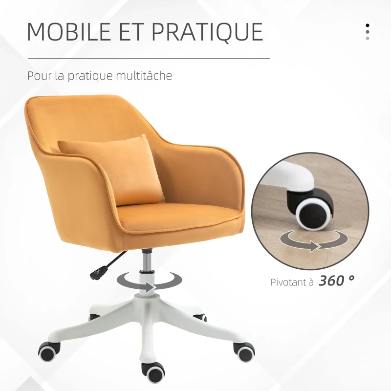 HOMCOM Chaise de bureau velours fauteuil bureau massant coussin lombaire intégré hauteur réglable pivotante 360° jaune