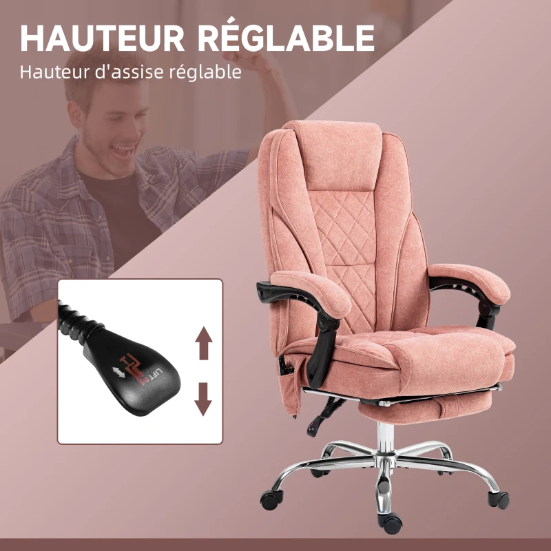 Vinsetto Fauteuil de bureau massant et chauffant hauteur réglable dossier inclinable télécommande repose-pieds rétractable rose