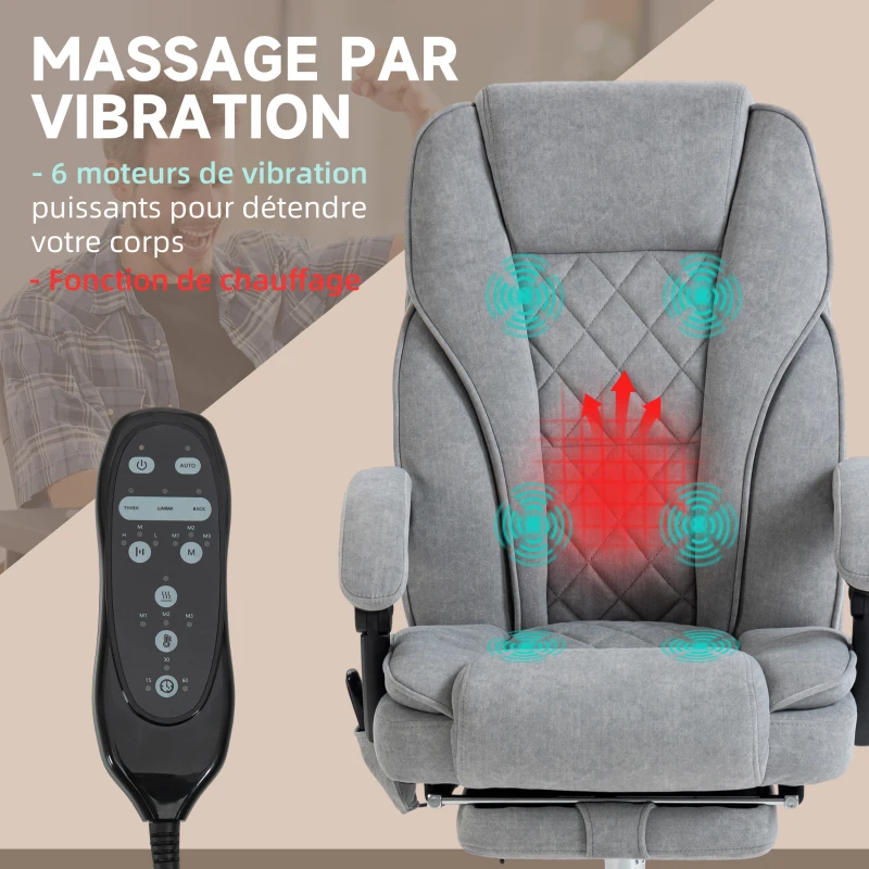 Vinsetto Fauteuil de bureau massant et chauffant hauteur réglable dossier inclinable télécommande repose-pieds rétractable gris