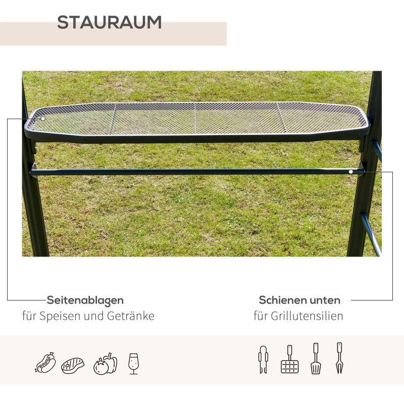 Outsunny Grillpavillon mit Flammschutzdach, BBQ-Pavillon mit 2 Ablagen Stahl PC Dunkelgrau, 240 x 150 x 230 cm