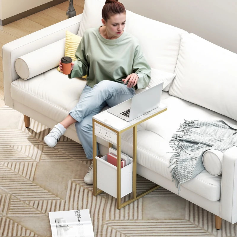 HOMCOM C Shaped Side Table with Charging Station and Faux Marble Top - White