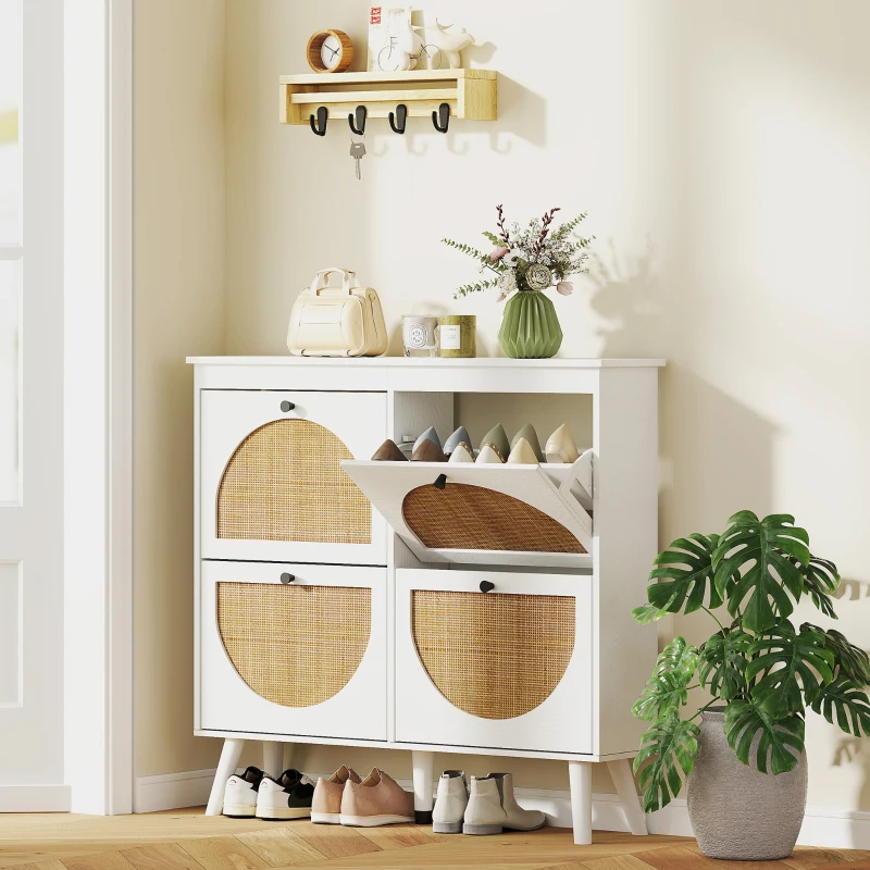 HOMCOM Meuble à chaussures 4 abattants 20 paires étagère réglable style bohème pieds en bois massif 105 x 24 x 97,5 cm blanc