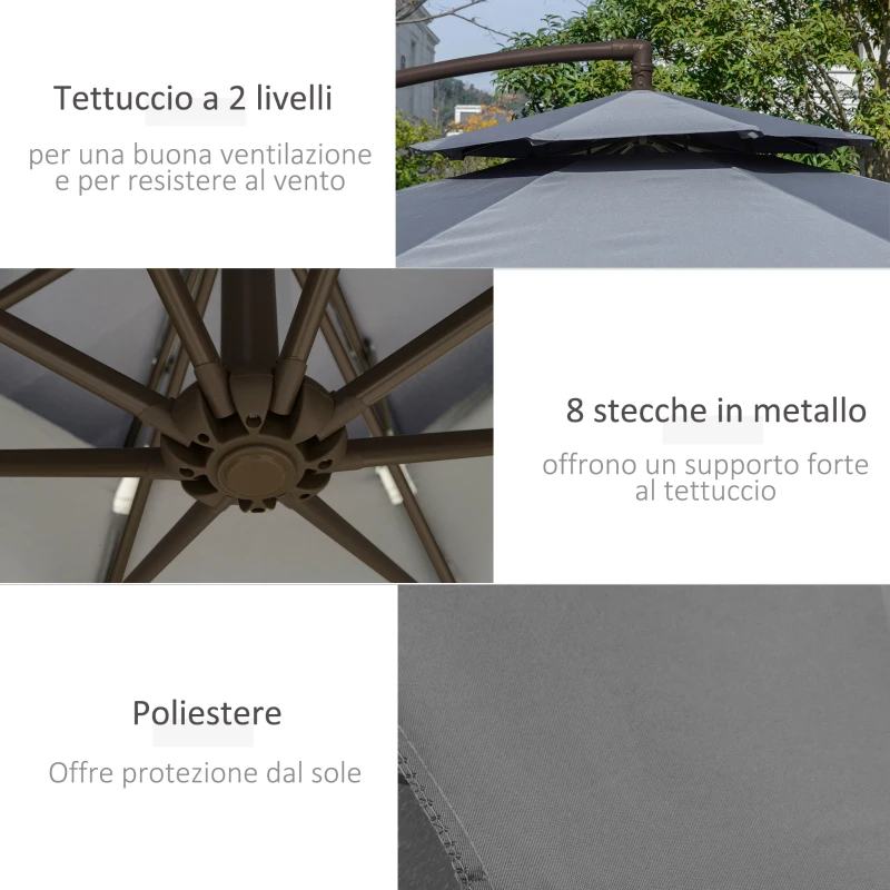 Outsunny Ombrellone a Braccio 2.7x2.7 m con Tettuccio Regolabile a 2 Livelli e Base a Croce, Grigio