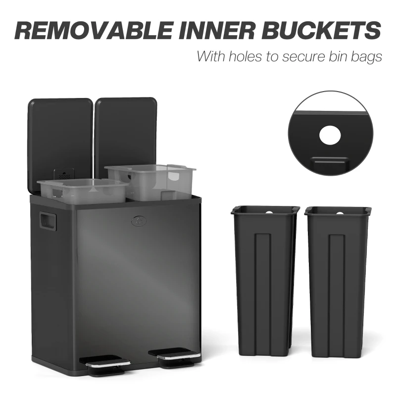 HOMCOM 40L Dual Compartment Stainless Steel Bin, with Deodoriser Holders - Glossy Black