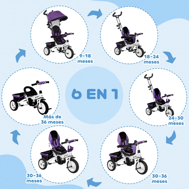 HOMCOM Triciclo Evolutivo para Niños +12 Meses con Toldo Plegable Mango de Empuje Telescópico y Cinturón de Seguridad Violeta
