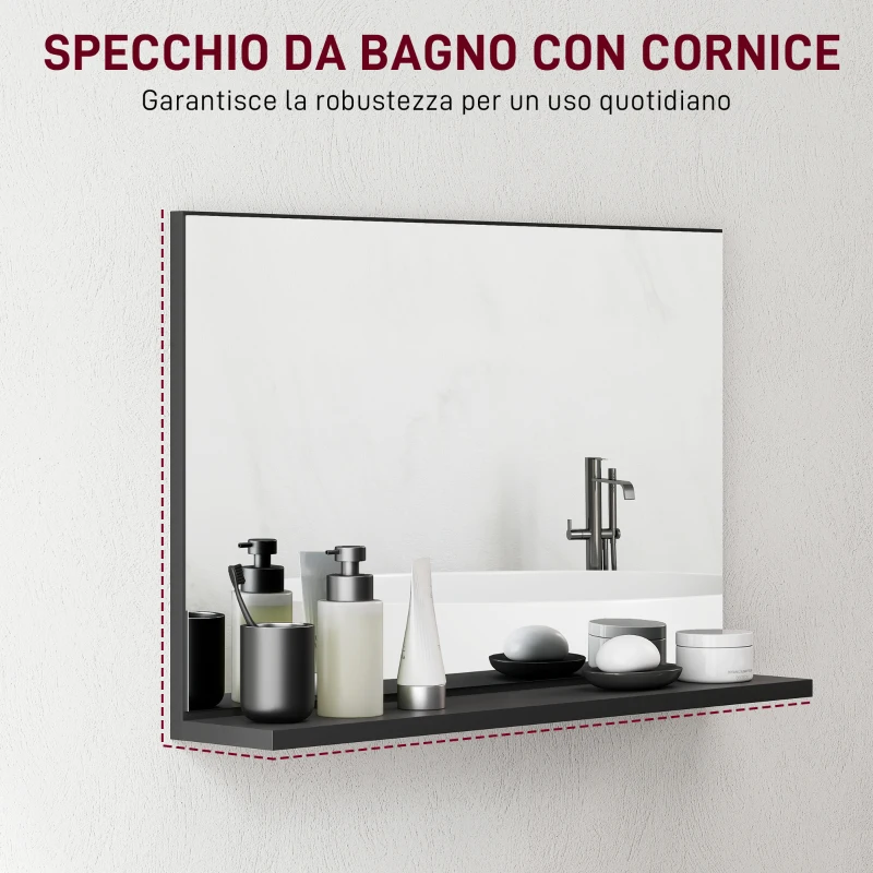 kleankin Specchio Bagno da Parete con Mensola Design Moderno e Multiuso, 60x12x40 cm, Nero