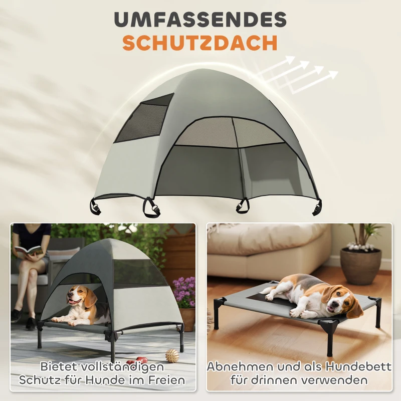 PawHut Leżanka dla Psa na Zewnątrz z Daszkiem, Podwyższone Łóżko dla Psów Średniej Wielkości, 76 x 61 x 71cm, Jasnoszary