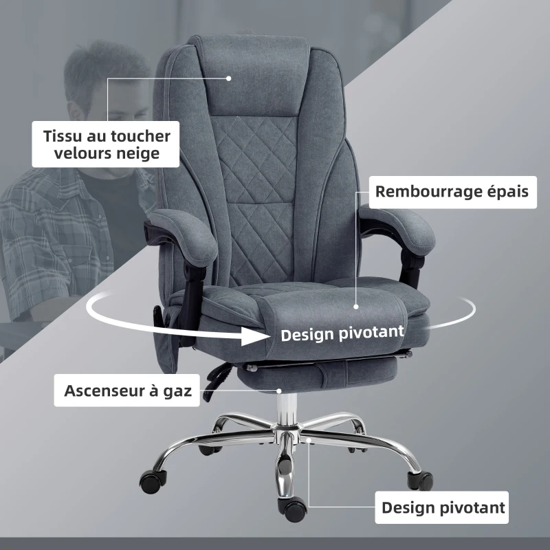 Vinsetto Fauteuil de bureau massant et chauffant hauteur réglable dossier inclinable télécommande repose-pieds rétractable gris
