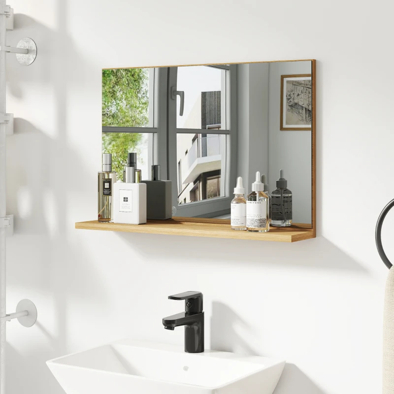 kleankin Specchio Bagno da Parete con Mensola Design Moderno e Multiuso, 60x12x40 cm, Legno