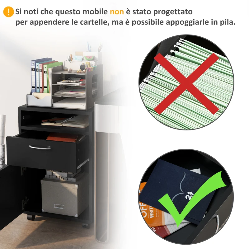 HOMCOM Schedario da Ufficio con Cassetto, Armadietto, Ruote a Freno e Ripiano Aperto, Cassettiera Ufficio per Lettera/Legale/Formato A4, Armadio Verticale per Studio, 40x35x60 cm, Nero