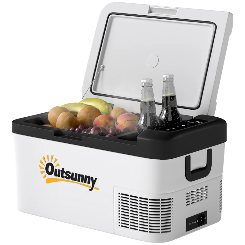 Outsunny 12V Car Refrigerator w/ LED Light & Foldable Handles, 18L Portable Compressor Cooler, Fridge Freezer with 12/24V DC and 110-240V AC for Campervan RV Boat Travel