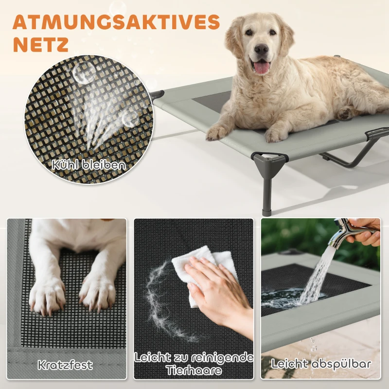 PawHut Buiten Hondenligbed met Dak, Verhoogd Hondenbed voor Grote Honden, 91 x 76 x 90 cm, Lichtgrijs