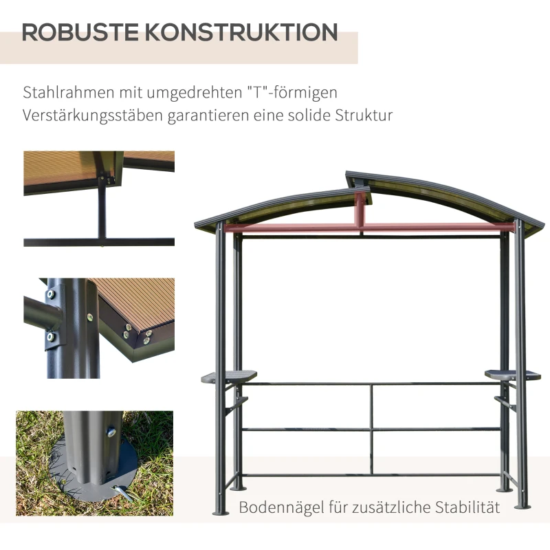 Outsunny Grillpavillon mit Flammschutzdach, BBQ-Pavillon mit 2 Ablagen Stahl PC Dunkelgrau, 240 x 150 x 230 cm