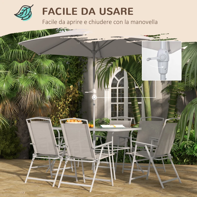 Outsunny Set da Giardino con Tavolo da Pranzo, 6 Sedie Pieghevoli e Ombrellone a Manovella, Grigio