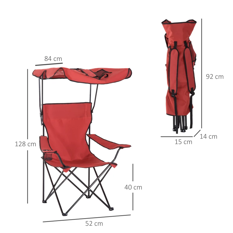 HOMCOM Chaise de Camping Pliable Grand Confort Pare-Soleil + Porte-gobelets intégrés, possibilité d'être portée en Sac à Dos Rouge Noir