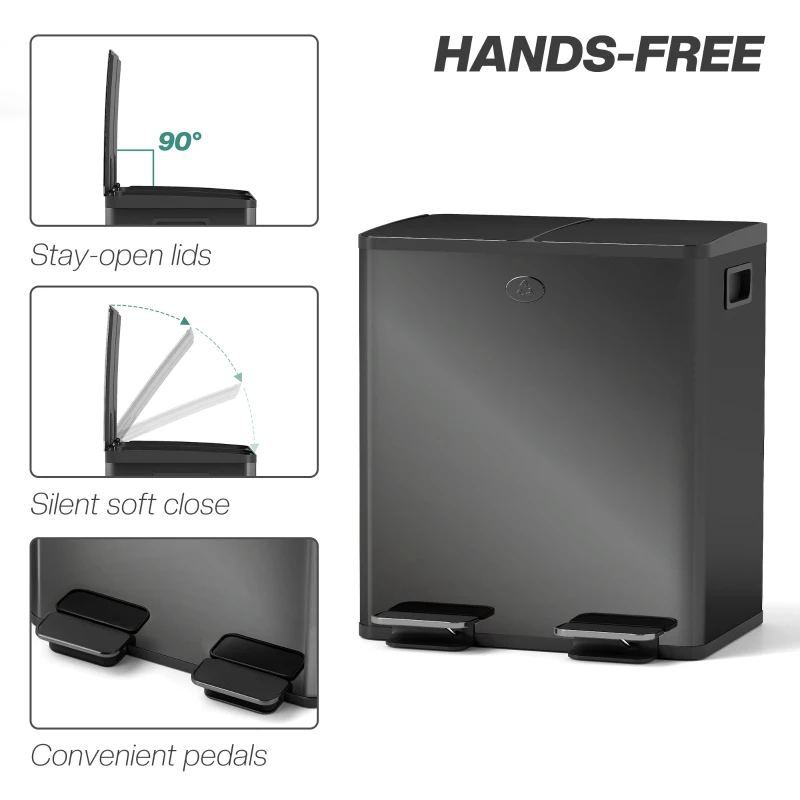 HOMCOM 40L Dual Compartment Stainless Steel Bin, with Deodoriser Holders - Glossy Black