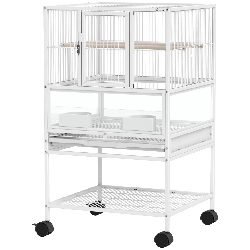 PawHut Gaiola para Pássaros Gaiola Grande com Rodas Painéis Acrílicos Comedouros Poleiros Prateleira Bandeja Amovível Gaiola para Papagaios Canários 48x46x83 cm Branco