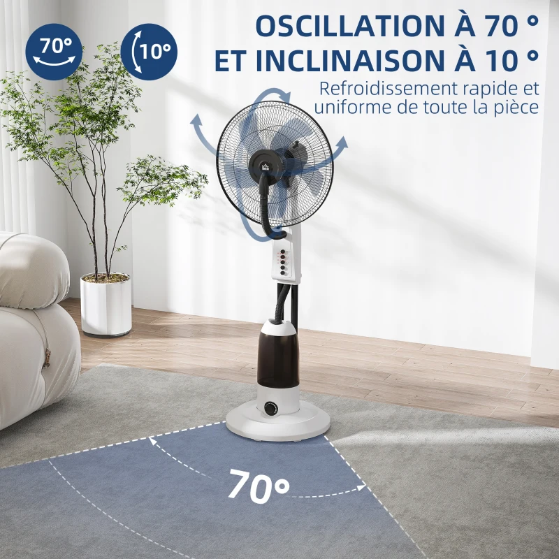 HOMCOM Ventilateur brumisateur 90 W 120 cm avec oscillation à 70°, 3 vitesses, réservoir d'eau de 2,8L et roulettes, blanc