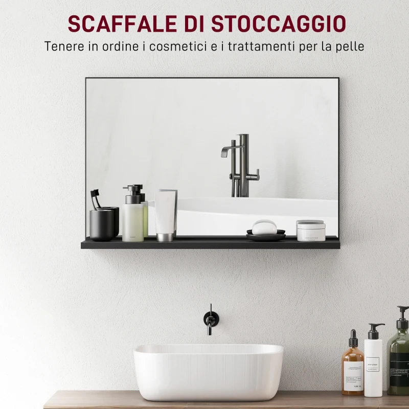 kleankin Specchio Bagno da Parete con Mensola Design Moderno e Multiuso, 60x12x40 cm, Nero