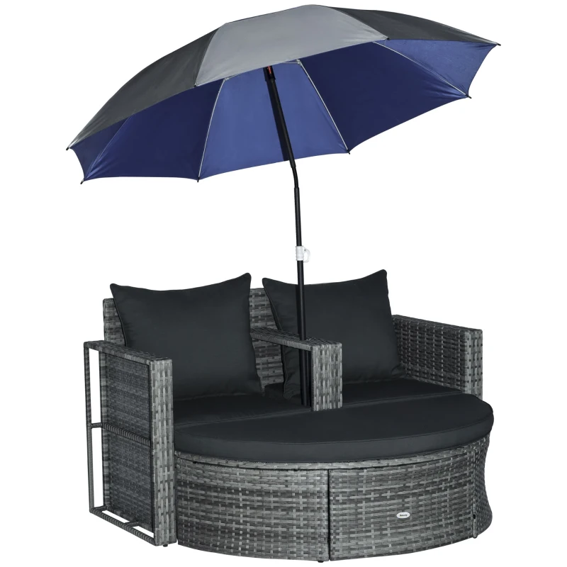 Outsunny Ensemble de salon de jardin 2 pièces en résine tressée - canapé 2 places avec coussins + parasol + repose-pieds - gris