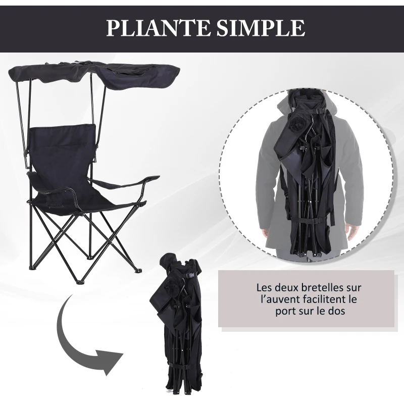 HOMCOM Chaise de Camping Pliable Grand Confort Pare-Soleil + Porte-gobelets intégrés, possibilité d'être portée en Sac à Dos Noir