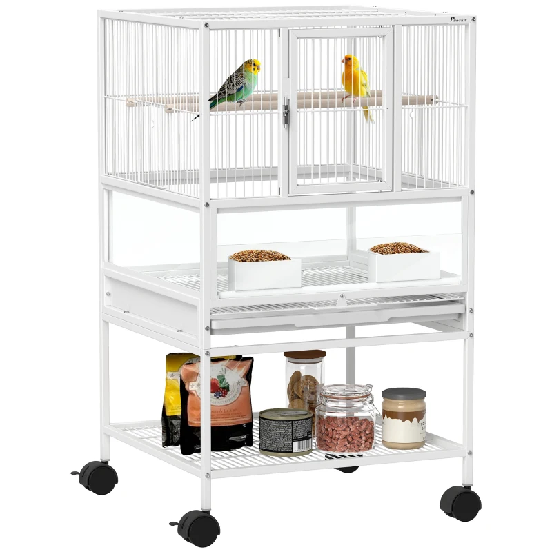 PawHut Gaiola para Pássaros Gaiola Grande com Rodas Painéis Acrílicos Comedouros Poleiros Prateleira Bandeja Amovível Gaiola para Papagaios Canários 48x46x83 cm Branco