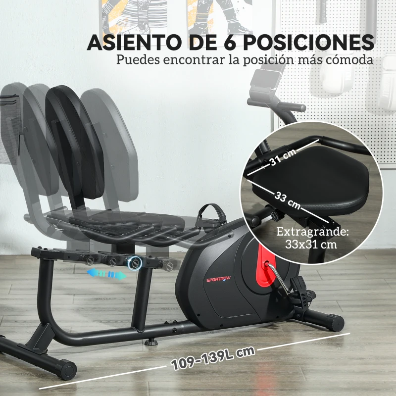SPORTNOW Bicicleta Estática en Casa con Respaldo Resistencia Magnética Ajustable y Pantalla LCD 103-139x61x100,5 cm Negro