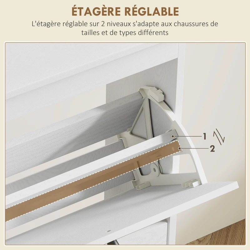HOMCOM Meuble à chaussures 4 abattants 20 paires étagère réglable style bohème pieds en bois massif 105 x 24 x 97,5 cm blanc