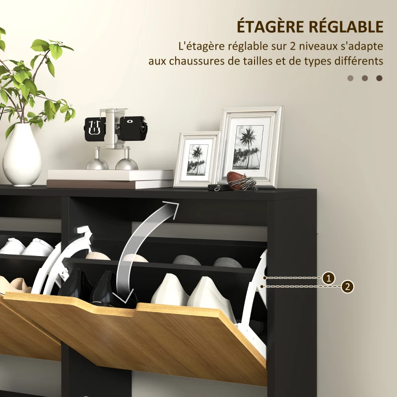 HOMCOM Meuble à chaussures 4 abattants 16 paires avec étagère réglable pieds en bois de pin 95 x 26 x 95 cm naturel