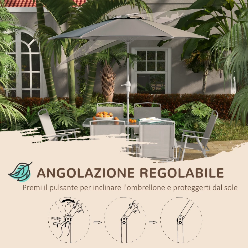 Outsunny Set da Giardino con Tavolo da Pranzo, 6 Sedie Pieghevoli e Ombrellone a Manovella, Grigio