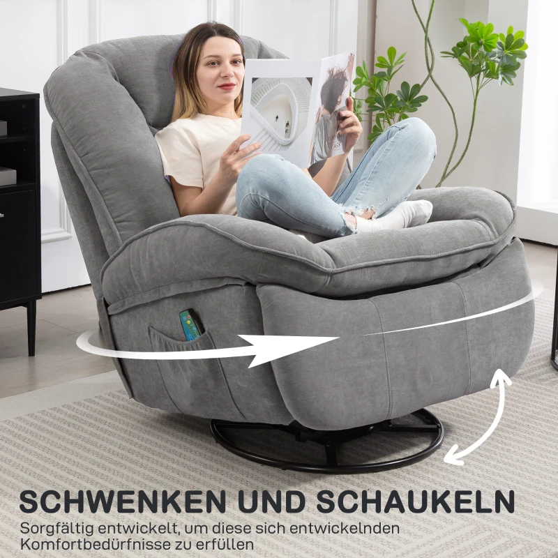HOMCOM Relaxfauteuil, TV-fauteuil met Ligfunctie, Schommel- en Draaibaar, met Voetsteun, Grijs(m-5)