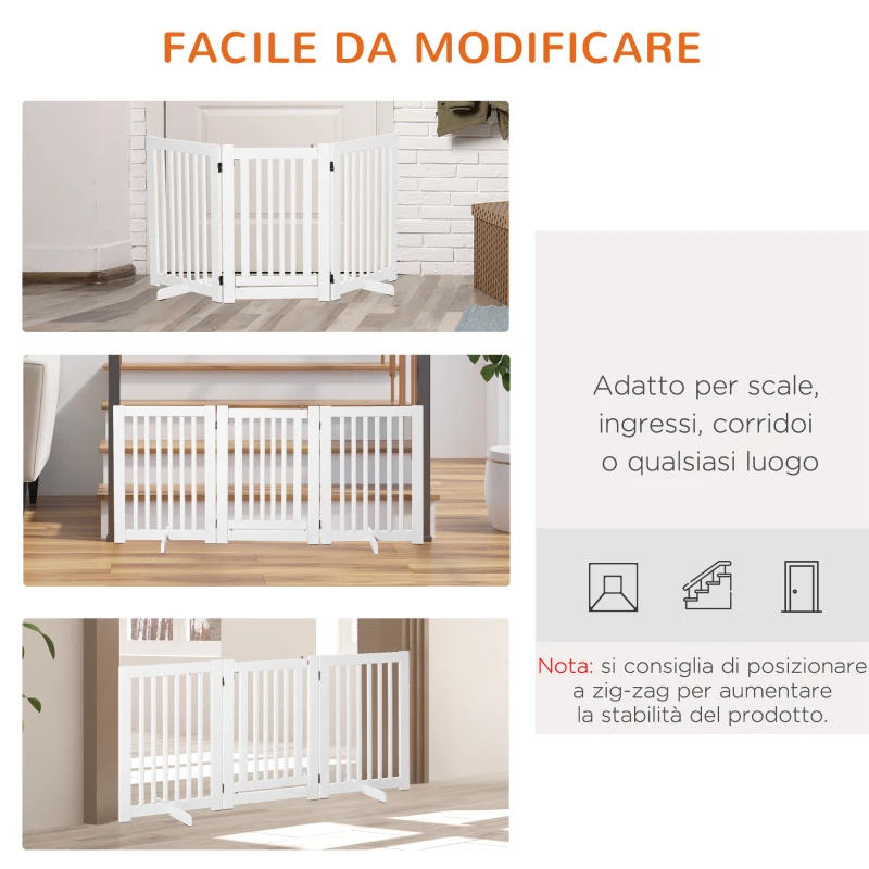 PawHut Cancellino per Cani Pieghevole a 3 Pannelli, Porta Centrale con Blocco, Struttura in MDF, 155x76cm Bianco