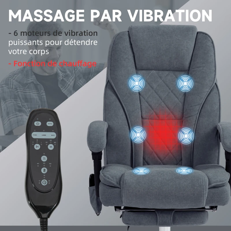 Vinsetto Fauteuil de bureau massant et chauffant hauteur réglable dossier inclinable télécommande repose-pieds rétractable gris