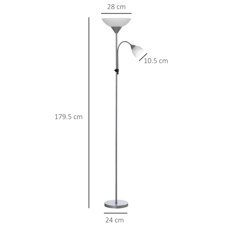 HOMCOM LED Floor Lamp for Living Room, 180cm Tall Standing Lamp, Mother and Child Uplighter with Adjustable Gooseneck, Silver Tone