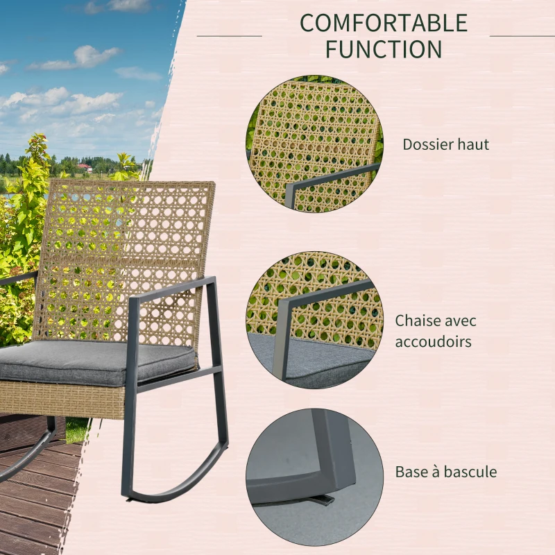 Outsunny Ensemble de jardin 3 pièces style cosy 2 fauteuils à bascule avec coussins assise dossier + table basse résine tressée imitation rotin naturel gris