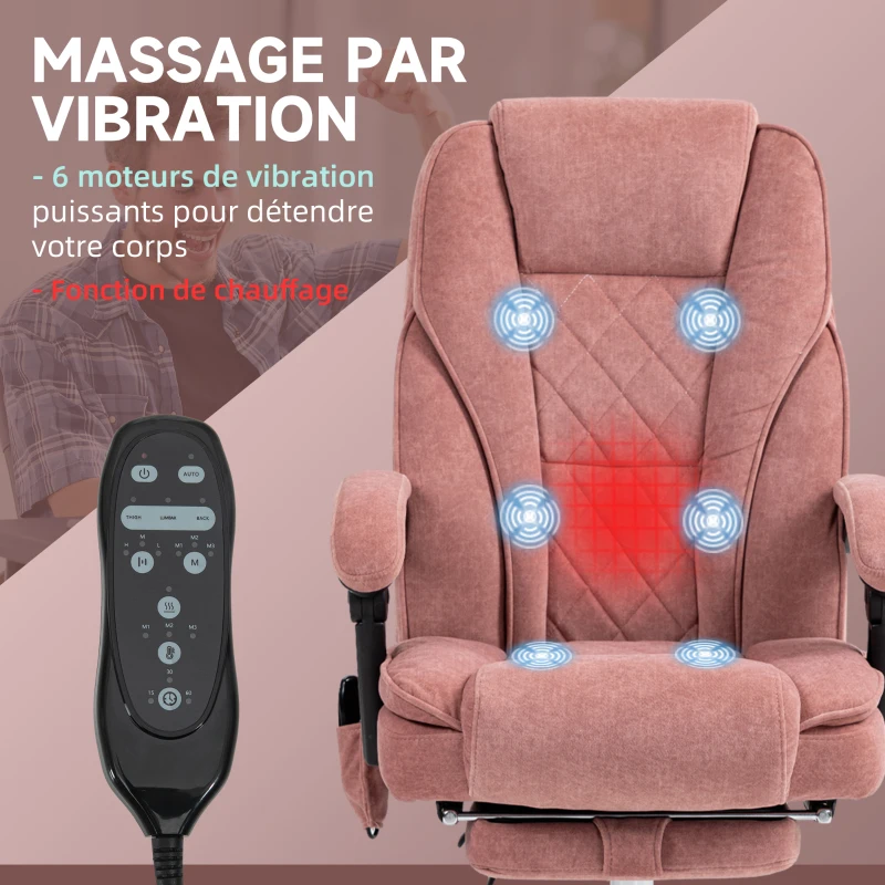 Vinsetto Fauteuil de bureau massant et chauffant hauteur réglable dossier inclinable télécommande repose-pieds rétractable rose