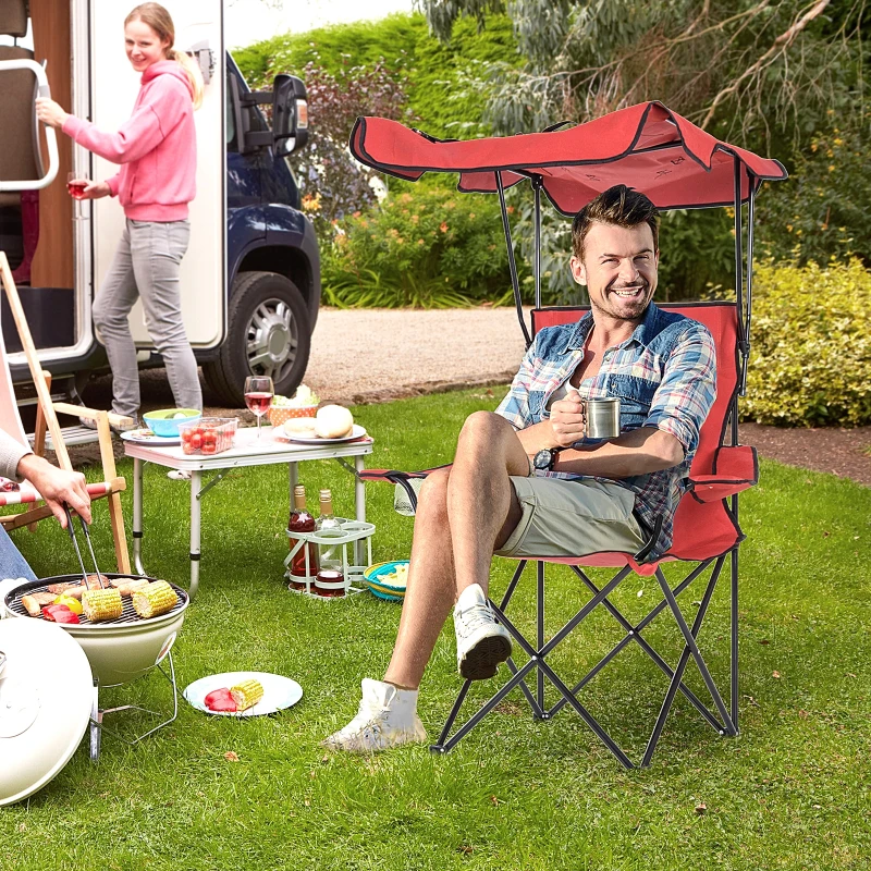 HOMCOM Chaise de Camping Pliable Grand Confort Pare-Soleil + Porte-gobelets intégrés, possibilité d'être portée en Sac à Dos Rouge Noir
