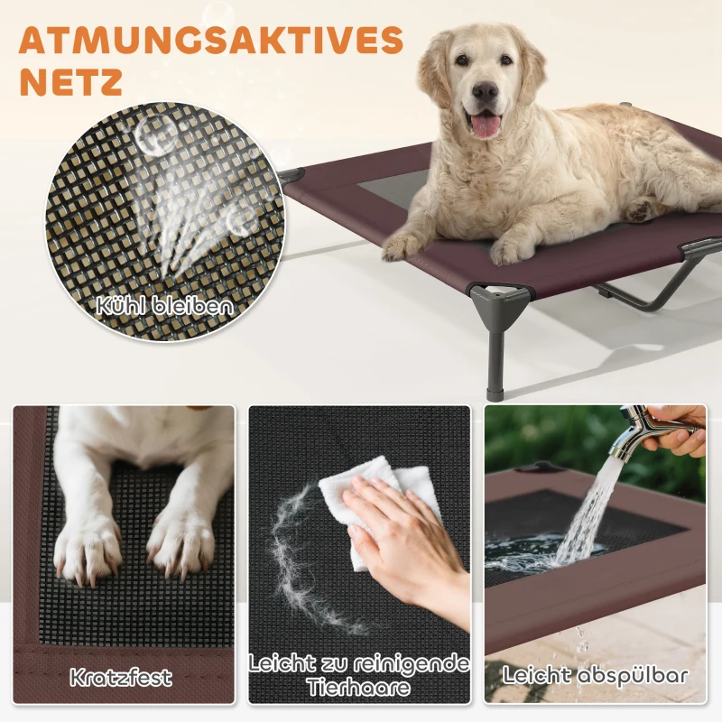 PawHut Outdoor Hondenligbed met Dak, Verhoogd Hondenbed voor Grote Honden, 91 x 76 x 90 cm, Koffie