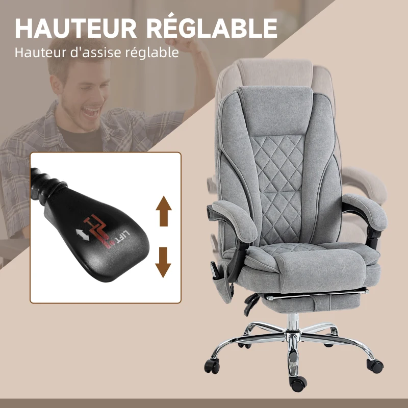 Vinsetto Fauteuil de bureau massant et chauffant hauteur réglable dossier inclinable télécommande repose-pieds rétractable gris